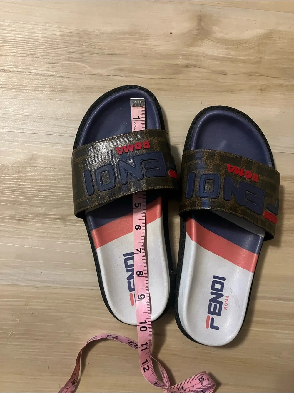 Fendi Brown Monogram Slides with Navy Footbed and Red Accents
